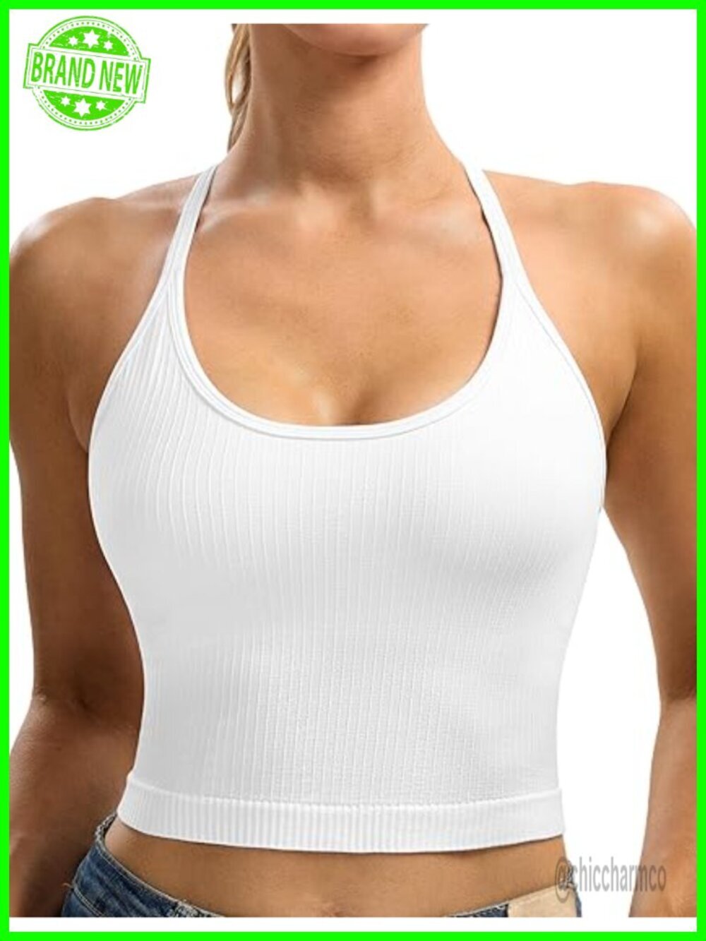 Seamless Ribbed Cross Back Crop Tank Top with Built-in Bra for Yoga & Pilates